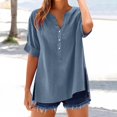 thumbnail image 2 of Aricy Womens Tops Cotton Linen Shirts Summer V Neck Button Up Short Sleeve Ladies Blouse T-Shirts Solid Color Work Casual Loose Blouses, 2 of 3