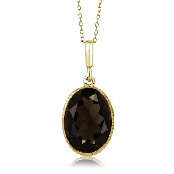 Gem Stone King 5.00 Cttw Smokey Quartz 14X10MM Oval 18K Yellow Gold Plated Silver Pendant Necklace for Women | Gemstone Birthstone | With 18 inches Chain