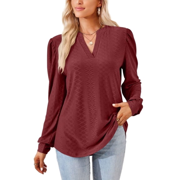 Split V Neck Pleated Shoulder Long Sleeve Textured Blouse for Women Burgundy Small