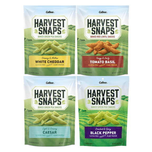 Variety Pack Harvest Snaps Veggie Chips - 4 Flavors: White Cheddar, Tomato Basil, Caesar, Black Pepper - Healthy, Crunchy, Low-Calorie Snack - Gluten-Free, Protein-Rich Veggie Chips - 4 Pack