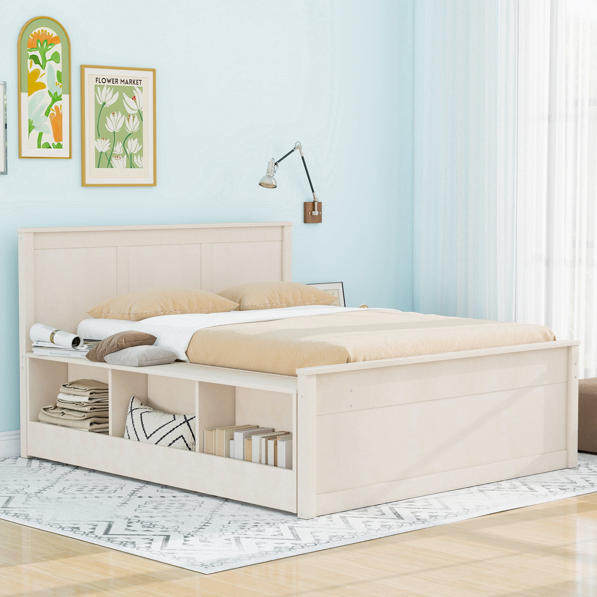 Euroco Wood Full Size Platform Bed with Trundle and Storage Cabinets, Cream White