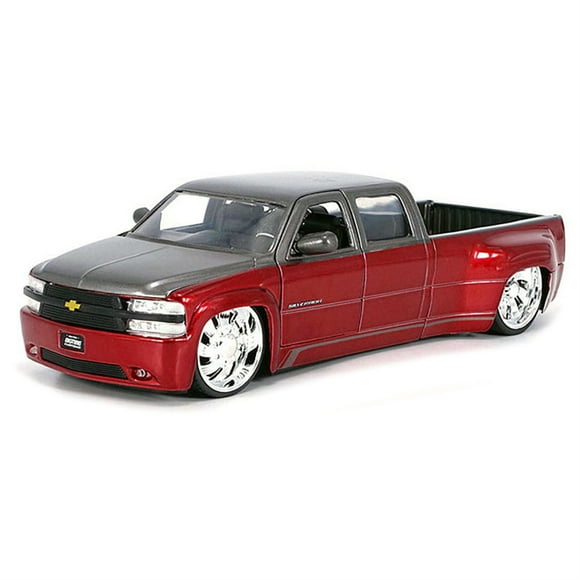 1999 Chevrolet Silverado Dually Pickup Truck Red Metallic and Gray with Custom KMC Wheels "Just Trucks" Series 1/24 Diecast Model Car by Jada