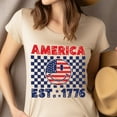 thumbnail image 4 of America EST 1776 Smiley Face Shirt – USA Flag Checkerboard Patriotic Tee, Heliconia, Size L, 4 of 6