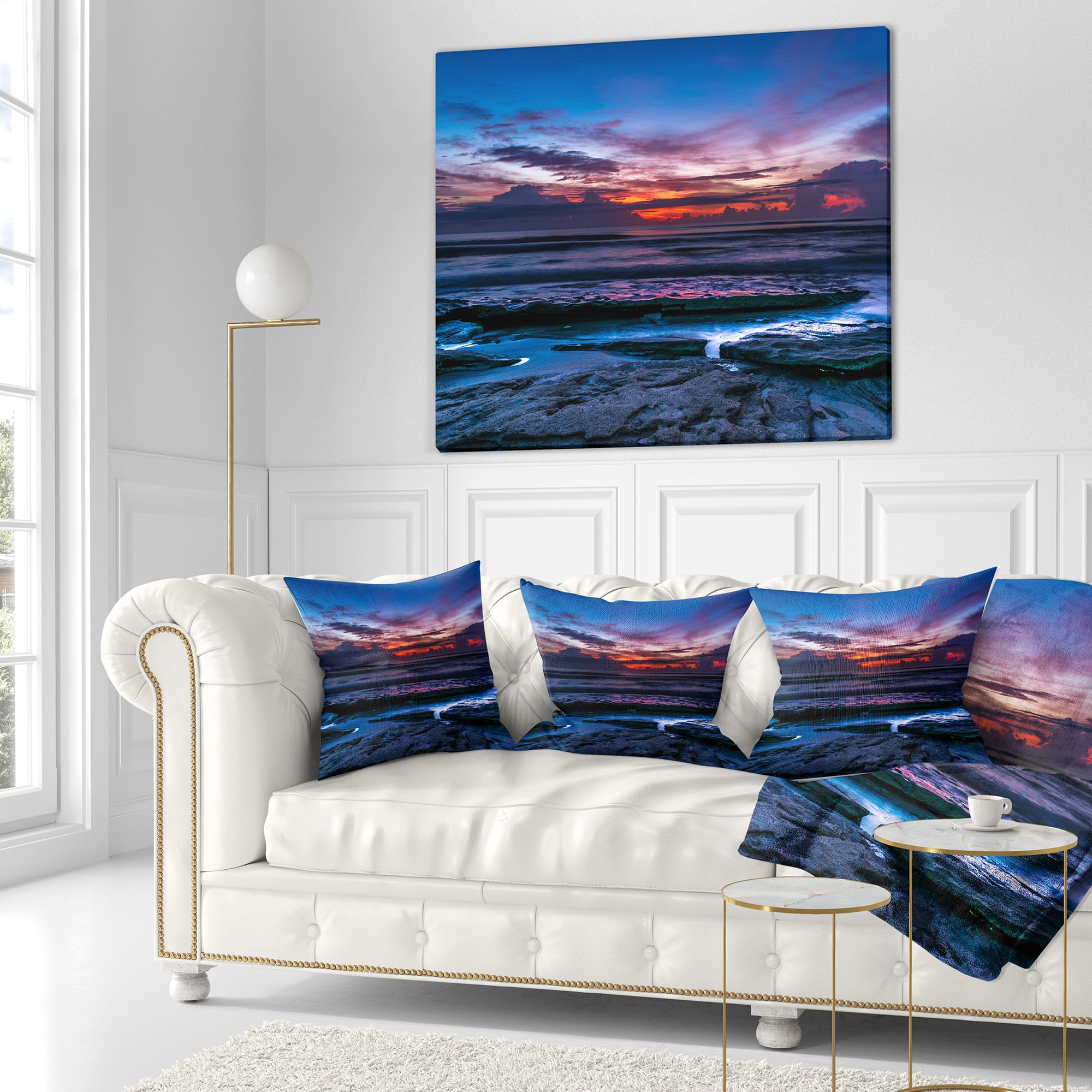 Designart Exotic Dark Blue Coquina Dawn - Beach Photo Throw Pillow - 18x18