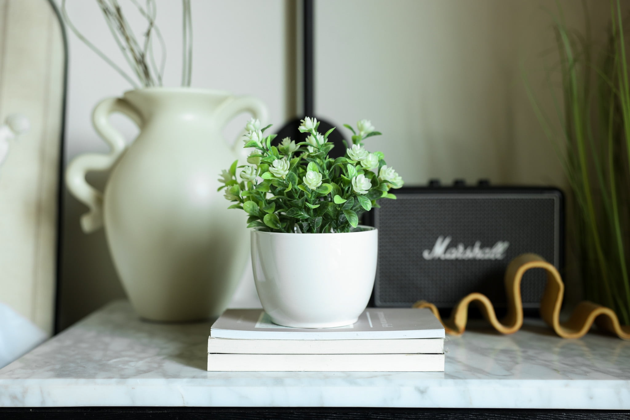 Mainstays 7.5” Artificial Eucalyptus and Flower in White Ceramic Pot Made for Tabletops – 1.1 lbs