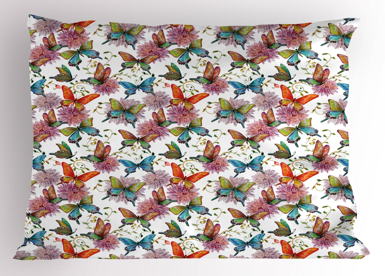 Butterfly Pillow Sham Flying Butterflies with Floral Elements Vivid