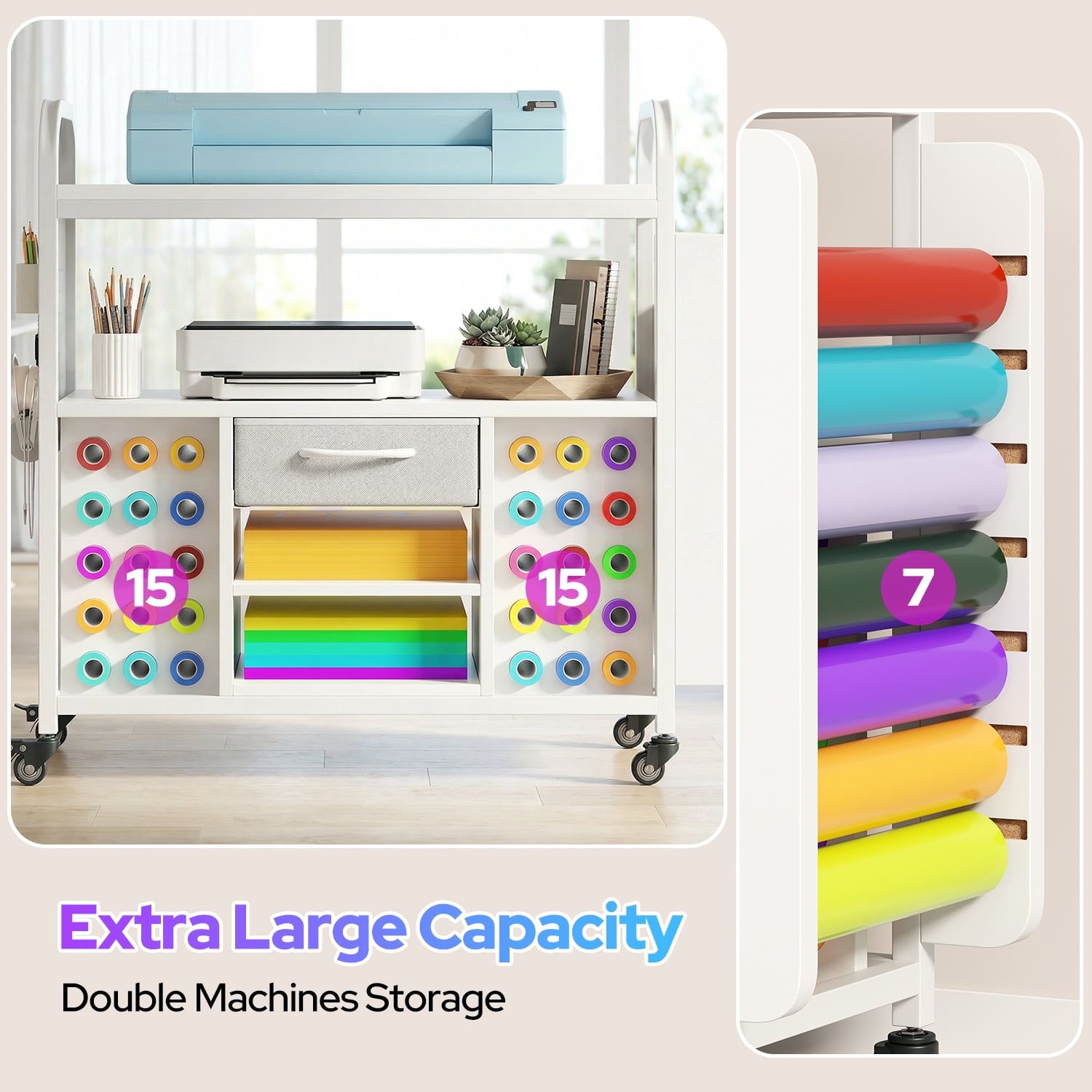 Craft Storage Organizer Cart with Wheels, Rolling Craft Table Workstation Compatible with Cricut Machine, Vinyl Roll Holder & Hooks Up, All-in-One Crafting Cabinet Cutting Stand for Supplies, Tools