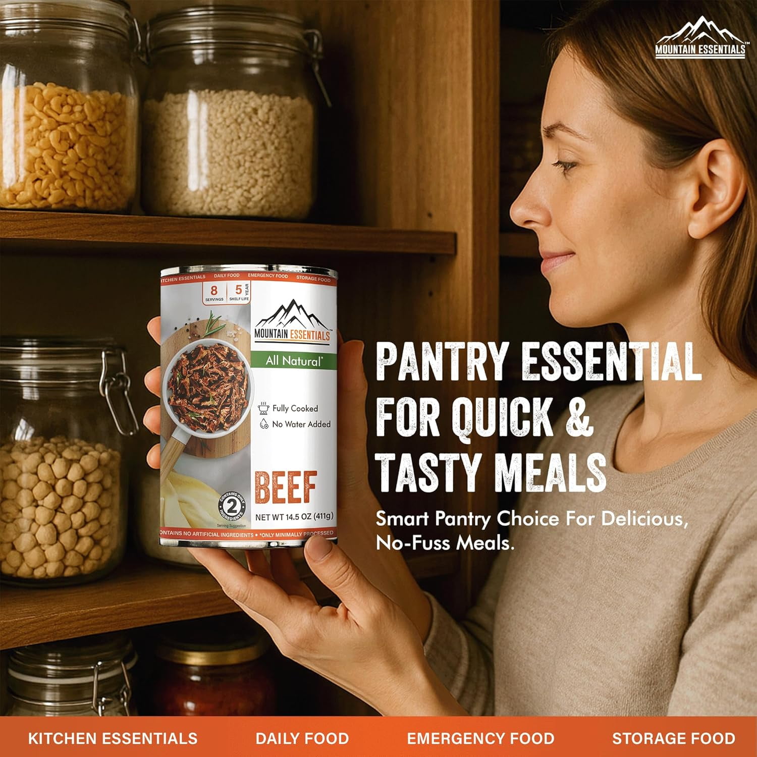 Mountain Essentials Canned Beef, Fully Cooked Ready-to-Eat, 14 oz (Pack of 6), Long Shelf-Life Emergency Food