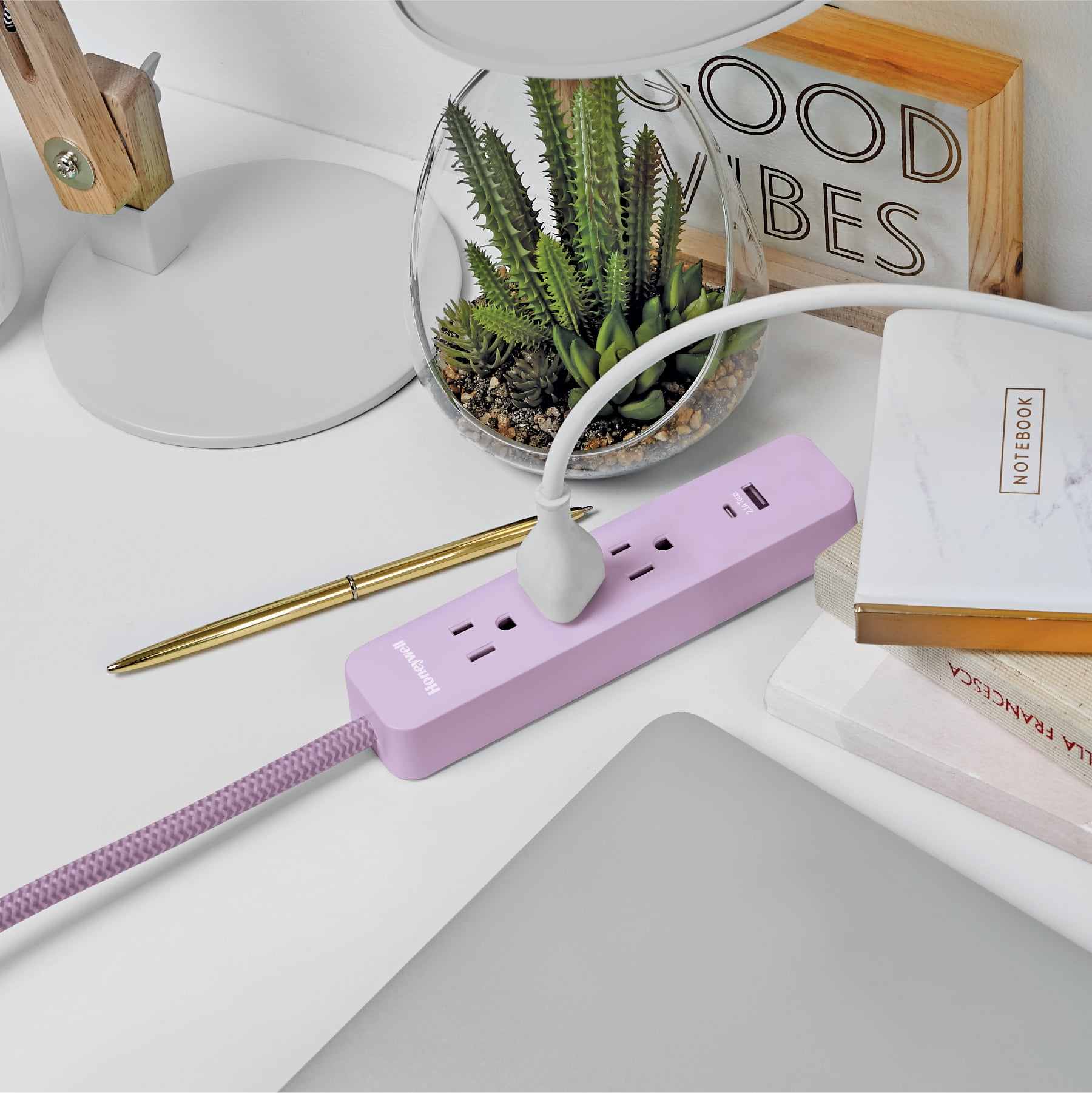 Honeywell 2-in-1 Pack Power Strips - 6 AC Outlets Surge + 3 AC 2 USB Strip (1 USB-A + 1 USB-C 2.1A) - Pink