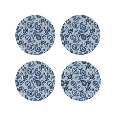 

Fuzoiu Blue Paisley Pattern Vintage Print Leather Coasters Set Drink Coasters Set of 4 for Tabletop Protection Durable PVC Coasters Home Décor and Housewarming Gift-Round Shape