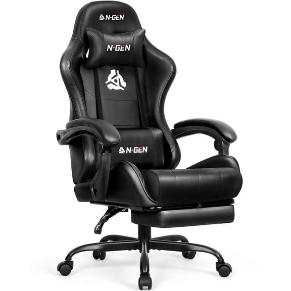 NEO CHAIR Video Gaming Chair with Footrest and Lumbar Support High Back Ergonomic Office Computer Desk Chair with Comfy Height Adjustable and Recliner for Office or Gaming (Black, Leather)