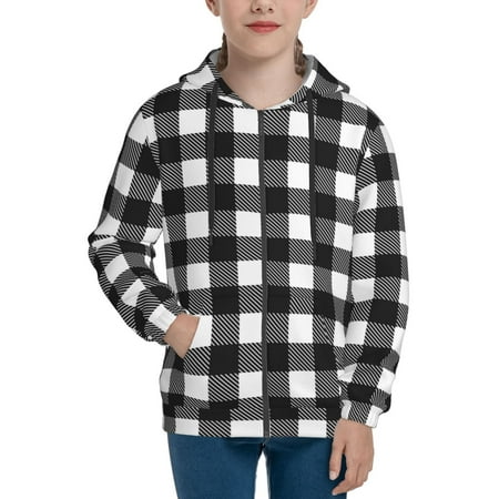 

Hoodies for Women Black White Twill Stripe Plaid Long Sleeve Sweatshirt Drawstring Zip Up Hoodie with Pockets Teen Girl Clothes