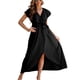 thumbnail image 1 of Vestido largo para mujer, cuello en V, cinturón, manga con volantes, envoltura lateral, vestido con dobladillo ancho de color puro para damas y niñas, negro XL, 1 of 7