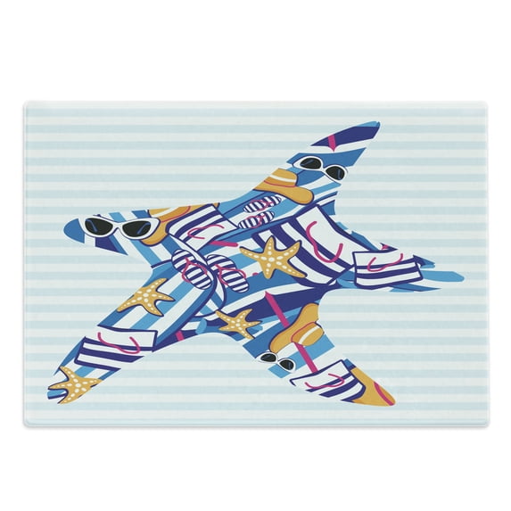 Starfish Cutting Board, Cartoon Styled Starfish with Summer Season Vacation Accessories Striped Backdrop, Decorative Tempered Glass Cutting and Serving Board, Large Size, Multicolor, by Ambesonne