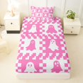 thumbnail image 3 of Manfei Halloween Ghost Twin Sheets 3pcs, Vintage Geometric Checkered Bedding, Hot Pink White,1 Fitted Sheet, 1 Flat Sheet and 1 Pillowcase, 3 of 5