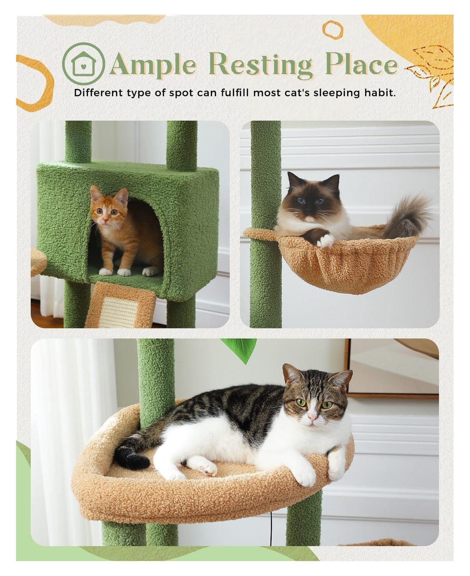 53" Cat Tree Indoor Large Condo, Sisal Scratching Posts, Cactus Design, Multi-Level Cat Tower for Multiple Cats up to 20lbs, Sturdy & Stable