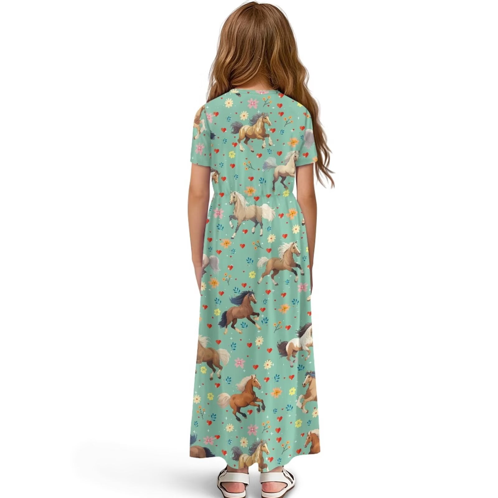 Uourmeti Tween Girls Maxi Dress Short Sleeve Round Neck Casual Flowy Horse Print Summer Long Dress for Girls Big Kids, Size 9-10 Years
