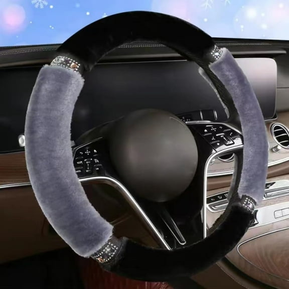 Winter Steering Wheel Cover Fluffy Warm Plush Anti-Slip Wear-Resistant with Bling Diamond 15 Inch Universal Steering Wheel Protector Interior Decoration