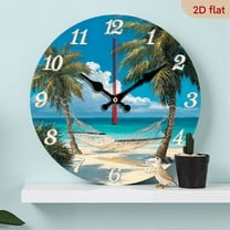 2D Flat 1pc 10Inch Wooden Tropical Beach Hammock Wall Clock - Non-Ticking Wooden Round Clock with Palm Trees Ocean Design for Living Room, Bedroom, Kitchen, Entryway, Office