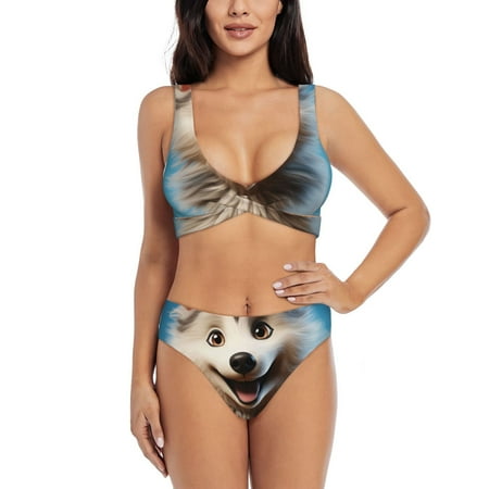 Zeuib Blue Sky Cute Wolf High Waisted Tummy Control Bikini Set - Knot Front Push Up Top & Cheeky Thong Bottom  Two-Piece Swimsuit for Women-X-Large