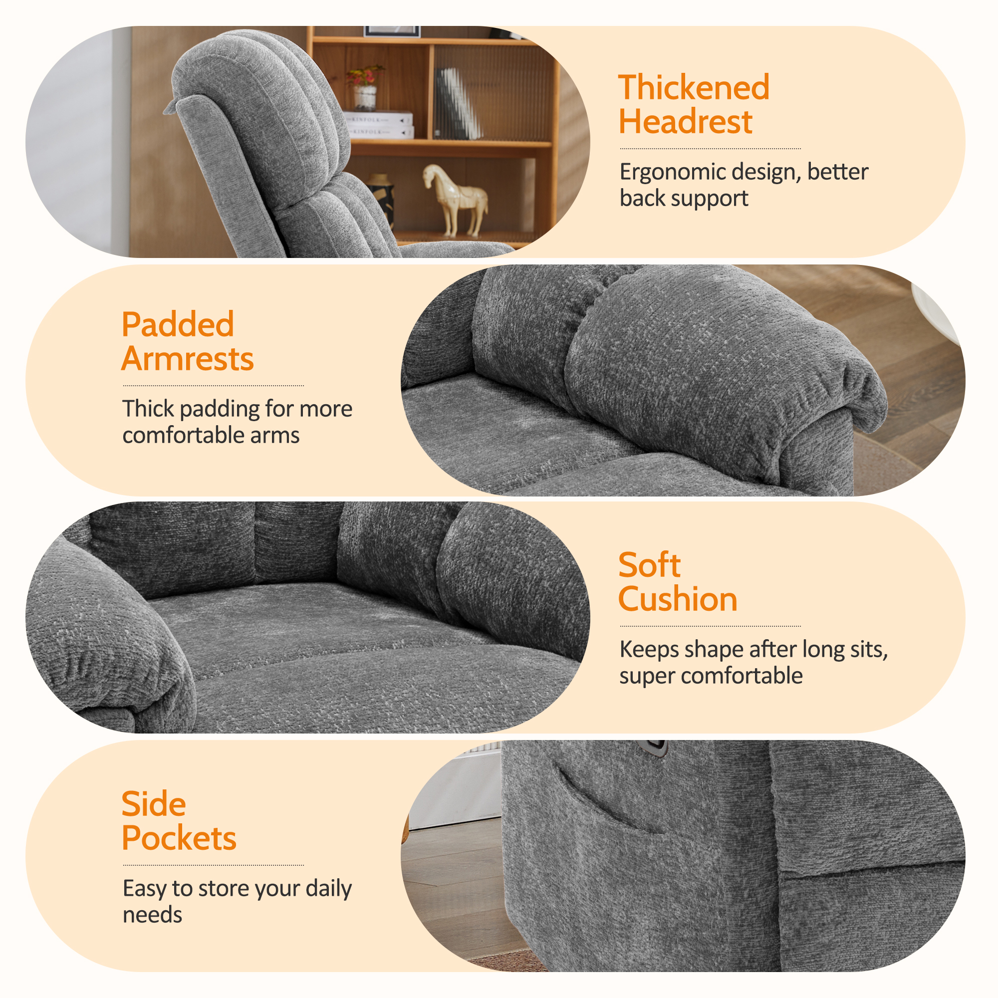 Korser Small Recliners for Small Spaces,Swivel Rocker Recliner Chair with Side Pockets for Living Room,Grey