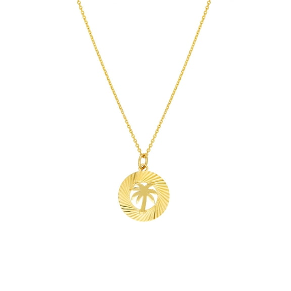 Honey Crush Real 14K Yellow Gold Fluted Palm Tree Medallion Necklace(12.8mm, 16-18in)