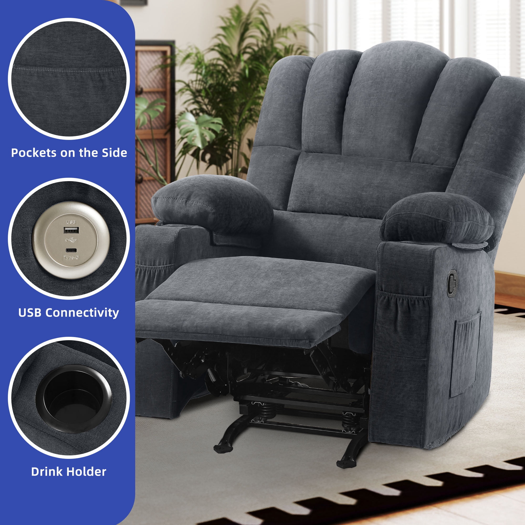 Uforic Gray Fabric Recliner Chair with Massage and Heat, Glider Rocker Recliner Chair, Manual Rocking Chair with 2 Integrated Cup Holders, USB Charging Port, and Handy Side Pocket