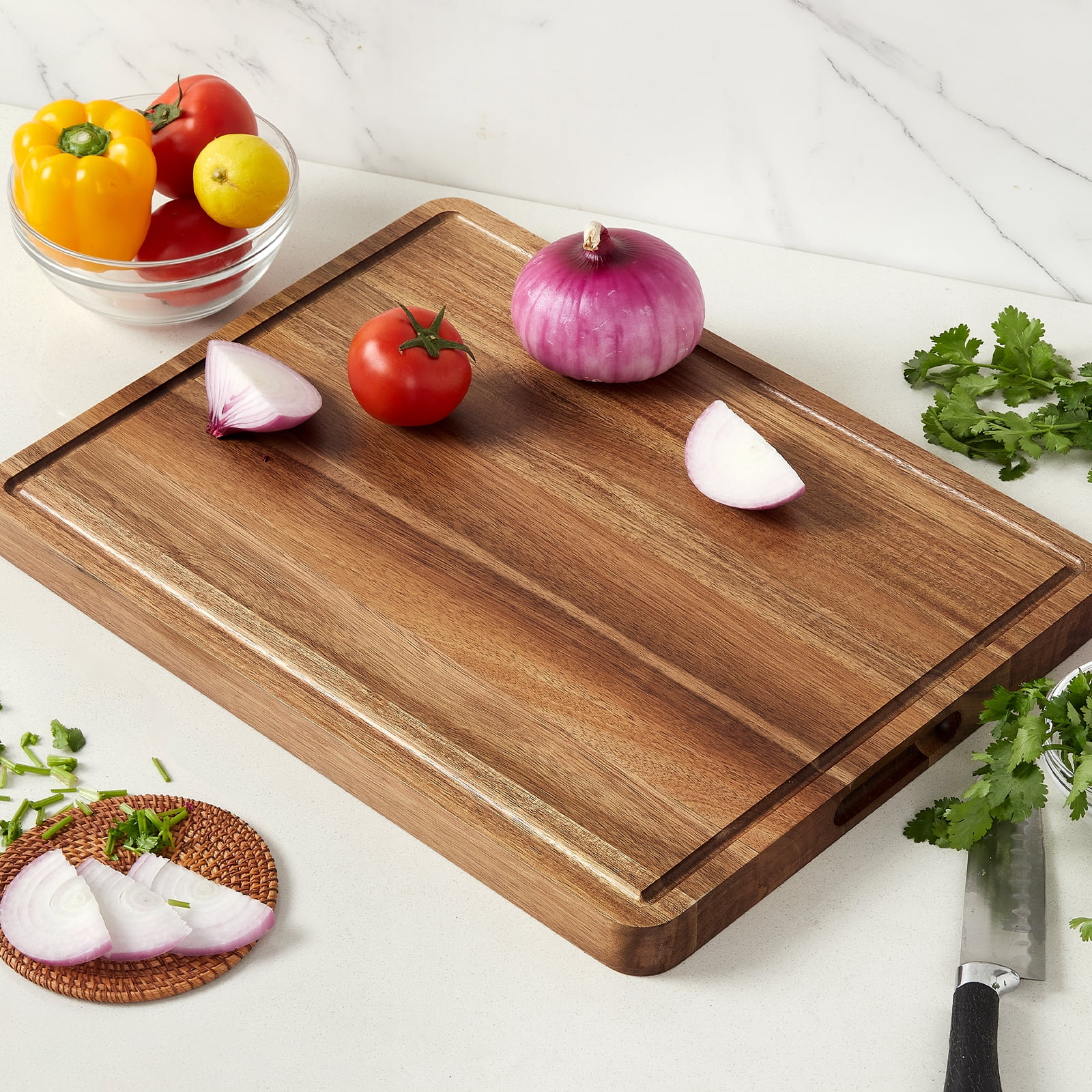Extra Large Acacia Wood Cutting Board 20"x15" – Reversible Wooden Butcher Block for Kitchen with Deep Juice Groove, Side Handles – Chopping Board & Serving Tray for Meat, Vegetables, Cheese