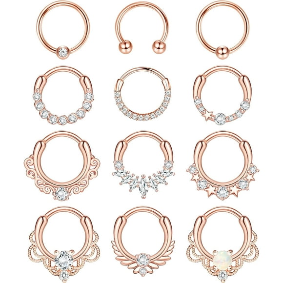 shiyou-12pcs Septum Jewelry 16g Daith Earrings Hinged Hoop Nose Rings Septum Clicker Cz Stainless Steel Cartilage Earring Helix Tragus Daith Piercing Jewelry