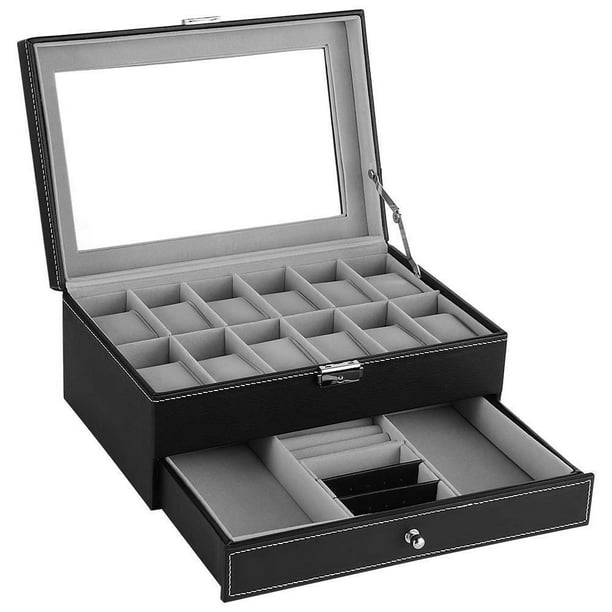 2 Tiers Mens Watch Box Case with Jewelry Display Drawer and Glass Top,  Lockable Leather Watch Storage Organizer