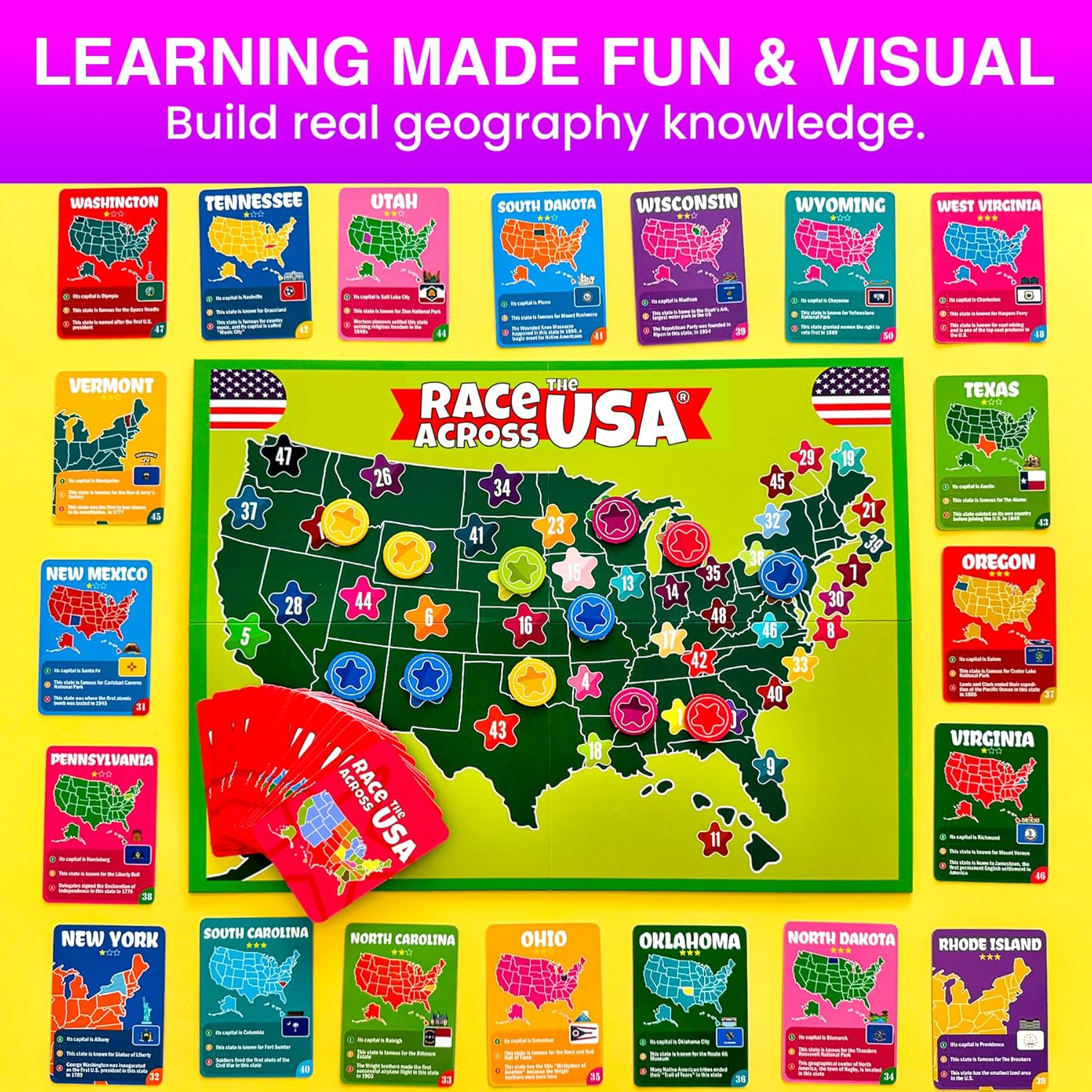 Quokka Board Game for Kids Ages 8-12 - Learn US States, Capitals, Landmarks Trivia Game for Kids