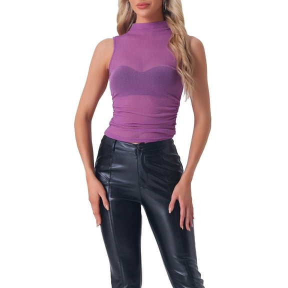 INSPIRE CHIC Mock Neck Ruched Top for Women's Sleeveless Mesh Summer Cropped Casual Tops