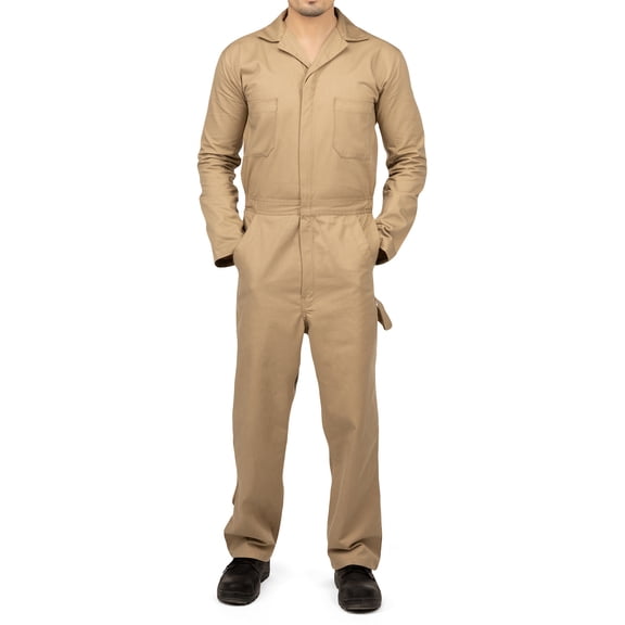 Durable Cotton Blend Coveralls for Men Relaxed Fit Work Mechanic Jumpsuit, Large, Khaki