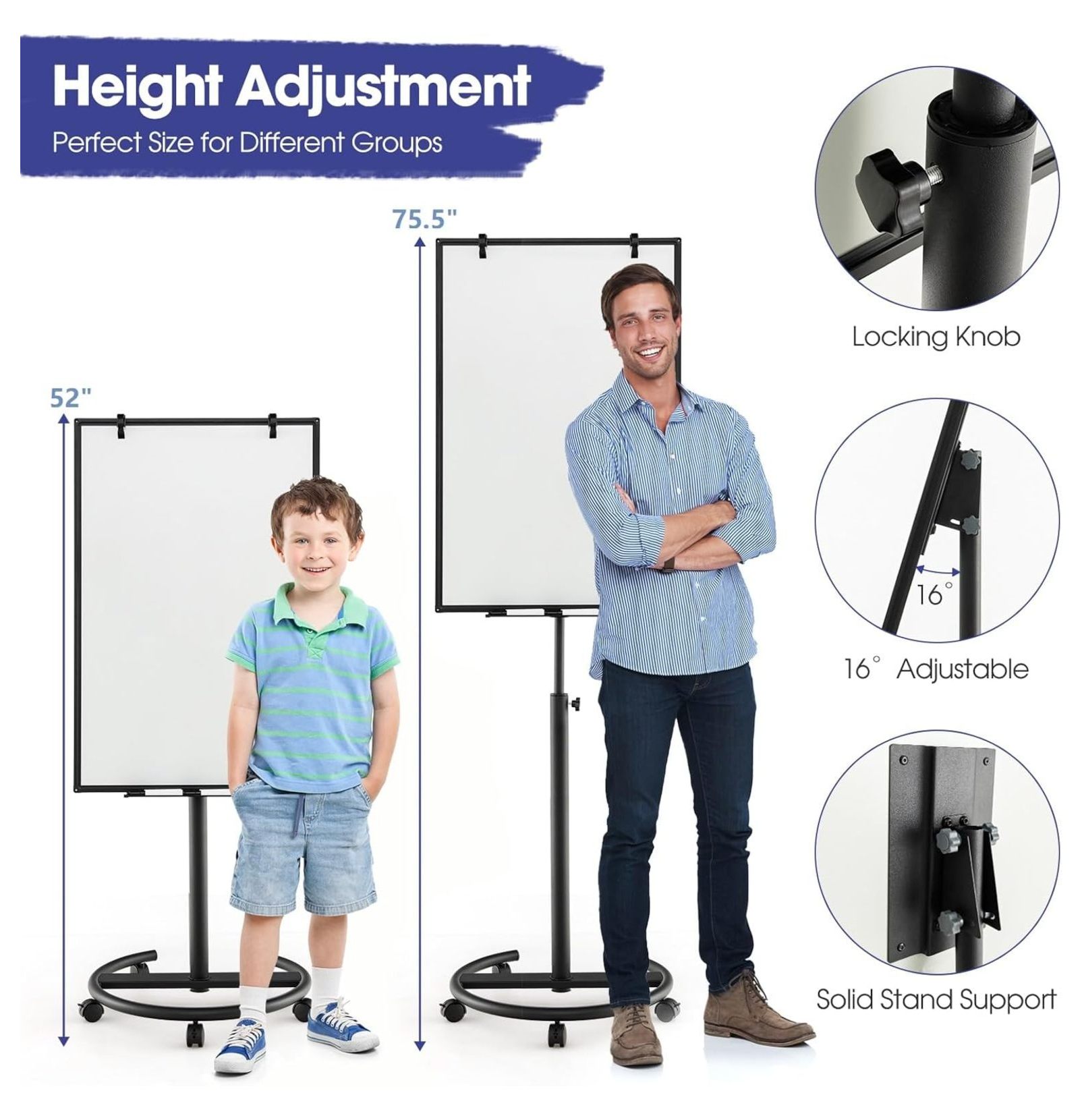 Mobile White Board Dry Erase, 40x26” Rolling Magnetic Whiteboard W/Adjustable Stand, Dry Whiteboard Eraser, 2 Flipchart , 25 Sheets Paper Pad, 6 Markers, Standing Portable White Board