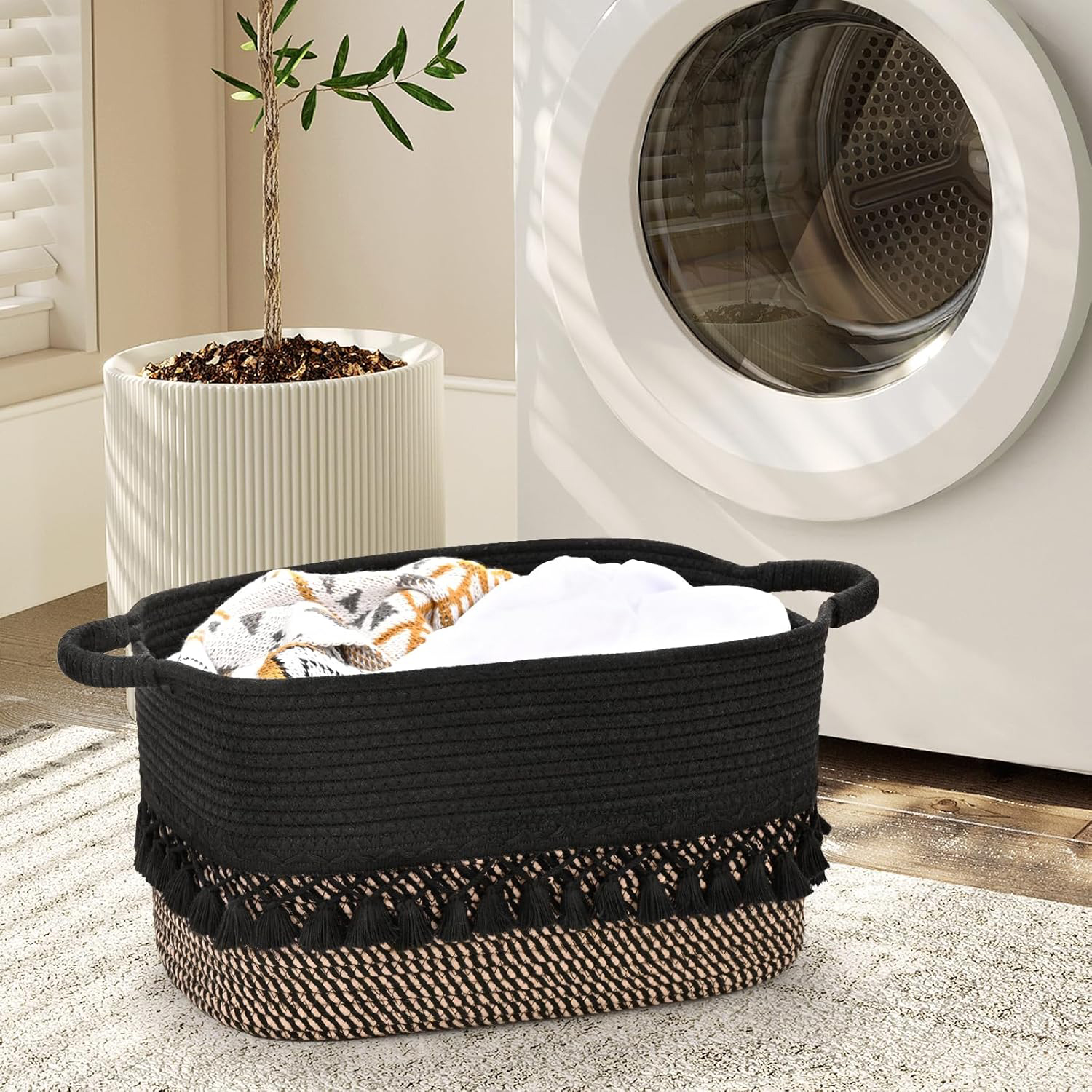 Natubeau 3 Pack Woven Storage Baskets, Black 22L Large Storage Basket for Organizing, Cotton Rope Storage Bins with Heavy Tassel, Cube Laundry Baskets