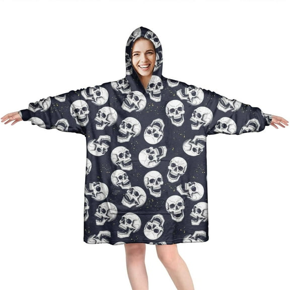 Wearable Oversized Blanket,Navy Skull Pattern Wearable Blanket Hoodie for Adults,Cozy Hooded Blankets with Super Pockets,Super Warm Fuzzy Pullover for Women & Men