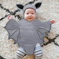 thumbnail image 2 of FAOWME Baby Boy Girl Halloween Outfit Long Sleeve Striped Print Breathable Comfortable Cute Bat Romper Jumpsuit With Hats For Party Activity,Grey,6-12 Months, 2 of 9