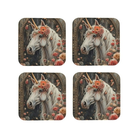 

Coasters Set of 4 - Vintage Floral White Horse Drink Coasters for Tabletop Protection Leather Coasters for Living Room Decor and Housewarming Gift Square