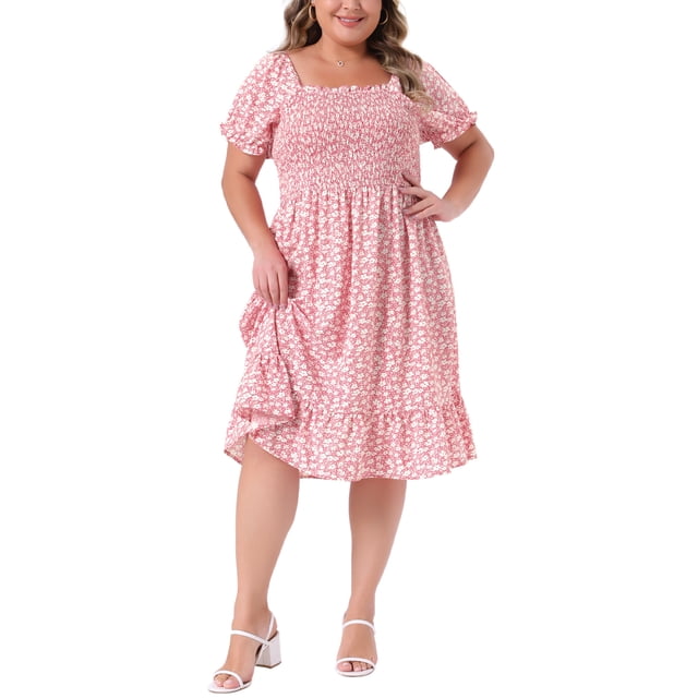 GRACE & GRANDEUR Vestido de Talla Grande para Mujeres con Mangas Cortas Voladas, Corte Flare, Fluido, Estampado Floral, Midi, 3X Rosa Blanco