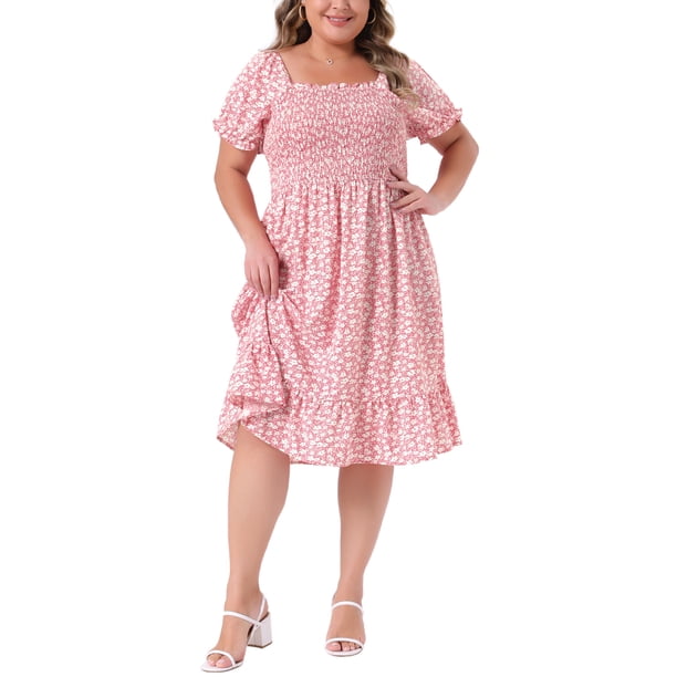 GRACE & GRANDEUR Vestido de Talla Grande para Mujeres con Mangas Cortas Voladas, Corte Flare, Fluido, Estampado Floral, Midi, 3X Rosa Blanco