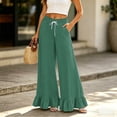thumbnail image 2 of Women's Solid Color Ruffle Hem Wide Leg Pants - High Waisted Palazzo Trousers with Pockets, Flowy Drawstring Casual Lounge Pants Dark Green M, 2 of 7