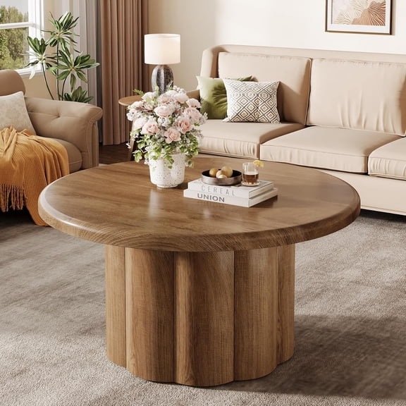 Finmind 31.5" Round Coffee Table, Farmhouse Center Cocktail Table with Fluted Drum Base, Brown