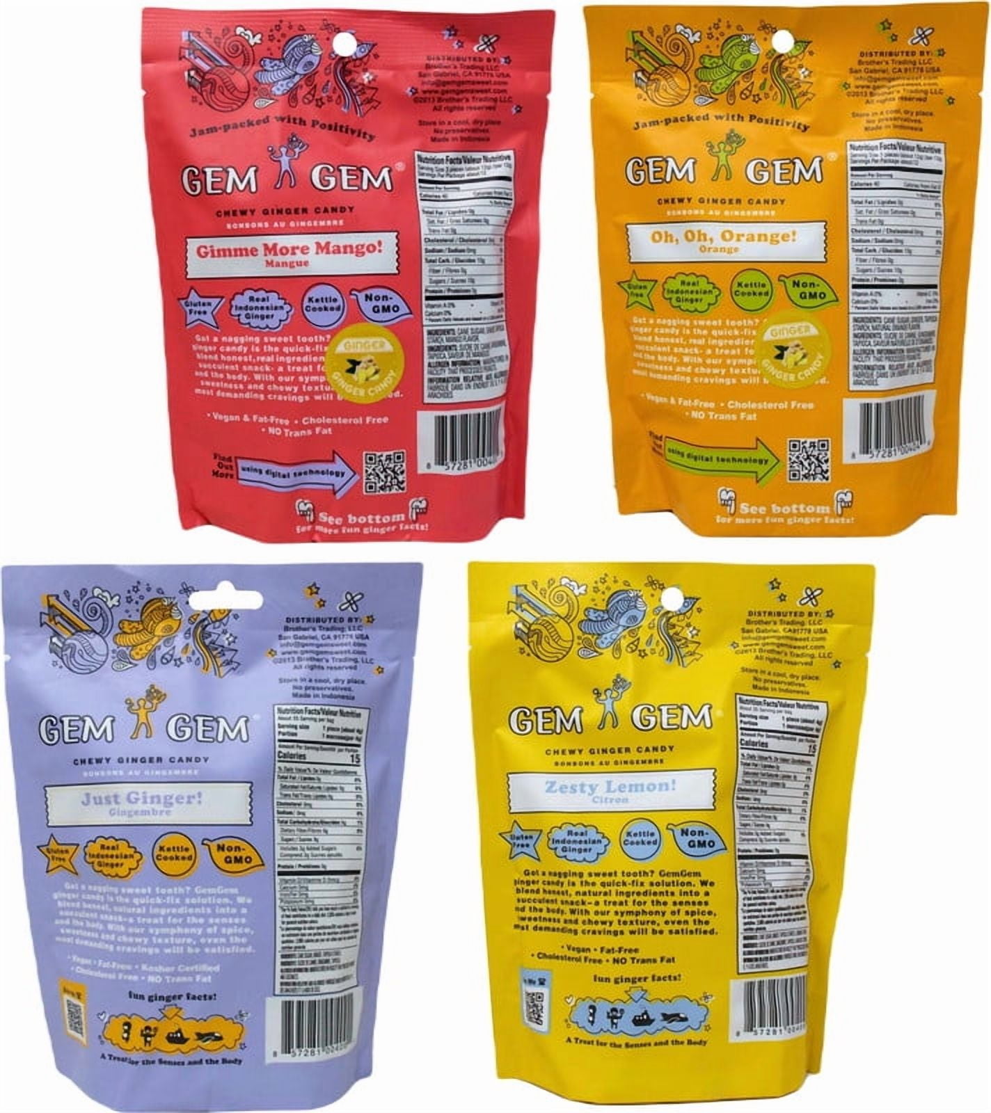 Gem Gem Chewy Ginger Chews Candy 4 Flavor (1) Each: Mango, Orange, Zesty Lemon, Just Ginger + MerlinsMart Zine