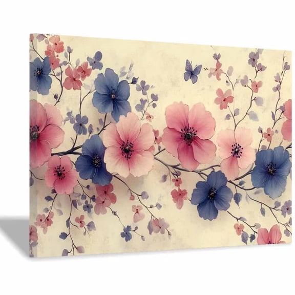 Mudket Pink Blue Floral Canvas Wall Art, Watercolor Flower & Butterfly Wall Decor, Framed Botanical Artwork for Living Room Bedroom Bathroom, Ready to Hang Farmhouse Floral Print - 12"L x 8"W
