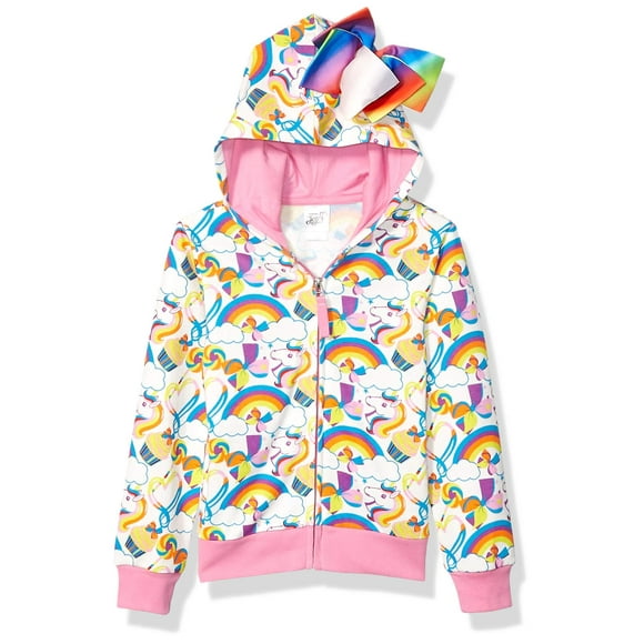 JoJo Siwa Chandail à Capuchon à Fermeture à Glissière pour Filles avec Imprimé Intégral de Licornes et d'Arcs-en-Ciel et Nœud, Blanc/rose, 7 US