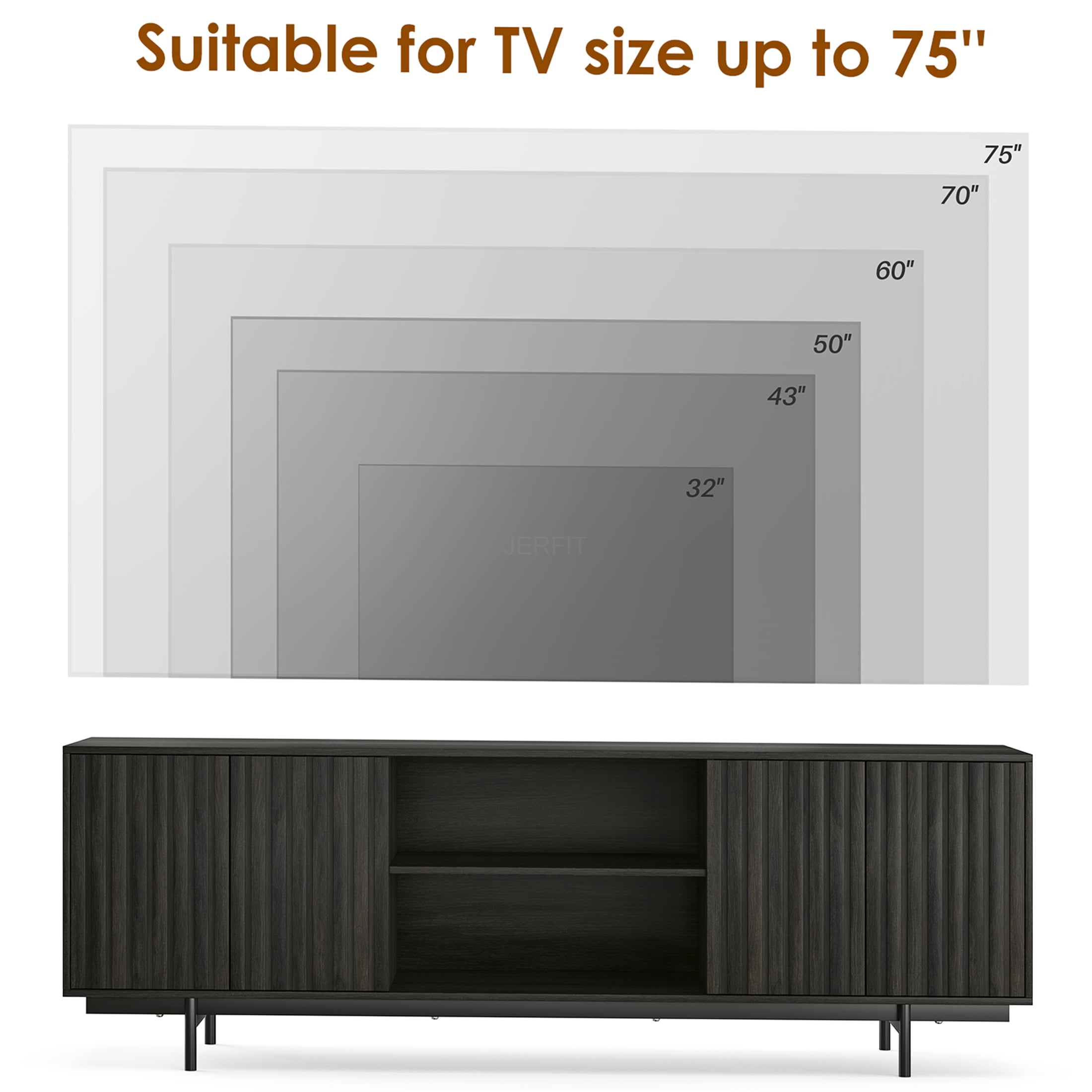 JERFIT 75 inch TV Stand with Pop-Up Doors, Mid Century Modern Entertainment Center with Storage Shelves, Farmhouse Retro Fluted Design for Living Room, Bedroom, Black