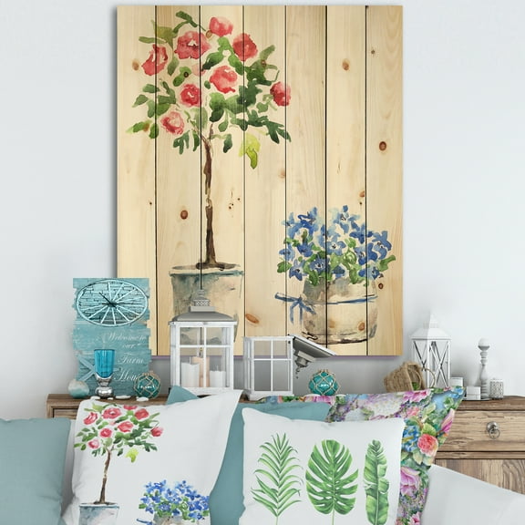 Designart 'Red and Blue Houseplants' Traditional Print on Natural Pine Wood