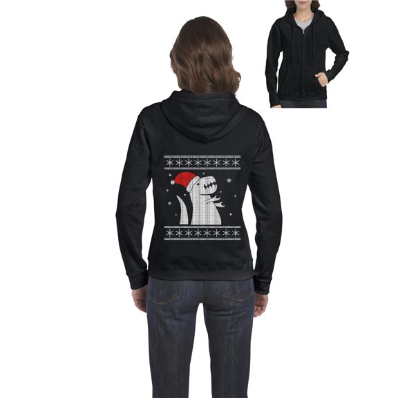 MmF - Women's Sweatshirt Full-Zip Pullover - XMAS DINOSAUR UGLY SWEATER