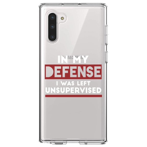 DistinctInk Clear Shockproof Hybrid Case for Samsung Galaxy Note 10 (6.3" Screen) - TPU Bumper Acrylic Back Tempered Glass Screen Protector - In My Defense, I Was Left Unsupervised