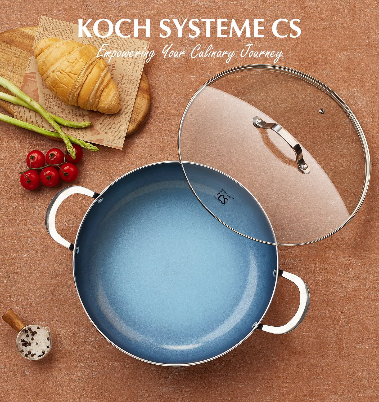 Koch Systeme CS 12 inch Saute Pan with Lid, 5.5-Quart Deep Frying Pan with Nonstick Ceramic Coating, Oven Safe, Induction Compatible, Gradient Blue